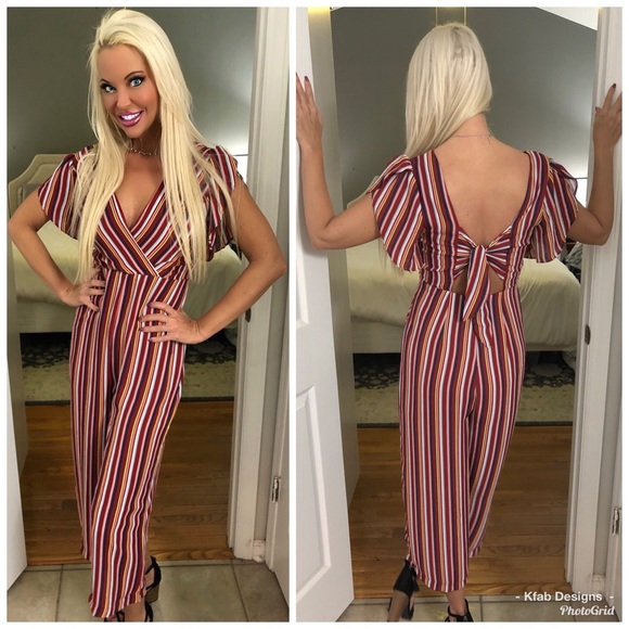 🥰RED Striped Back Tie Cropped Wide Leg Jumpsuit! - Picture 5 of 8